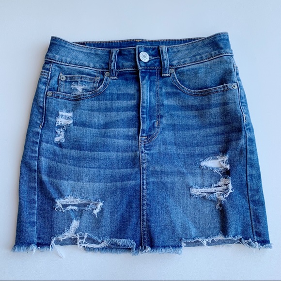 American Eagle Hi-Rise Mini Skirt Distressed Frayed Hem Size 0 Regular - Picture 1 of 7